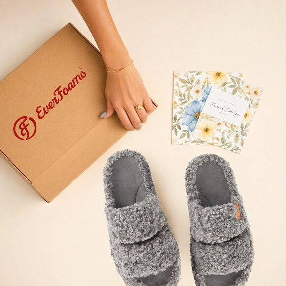 Women's Cool-Gray Fuzzy Open-toe Slippers Soft Comfy Foam Indoor House Shoes - Picture 10 of 11